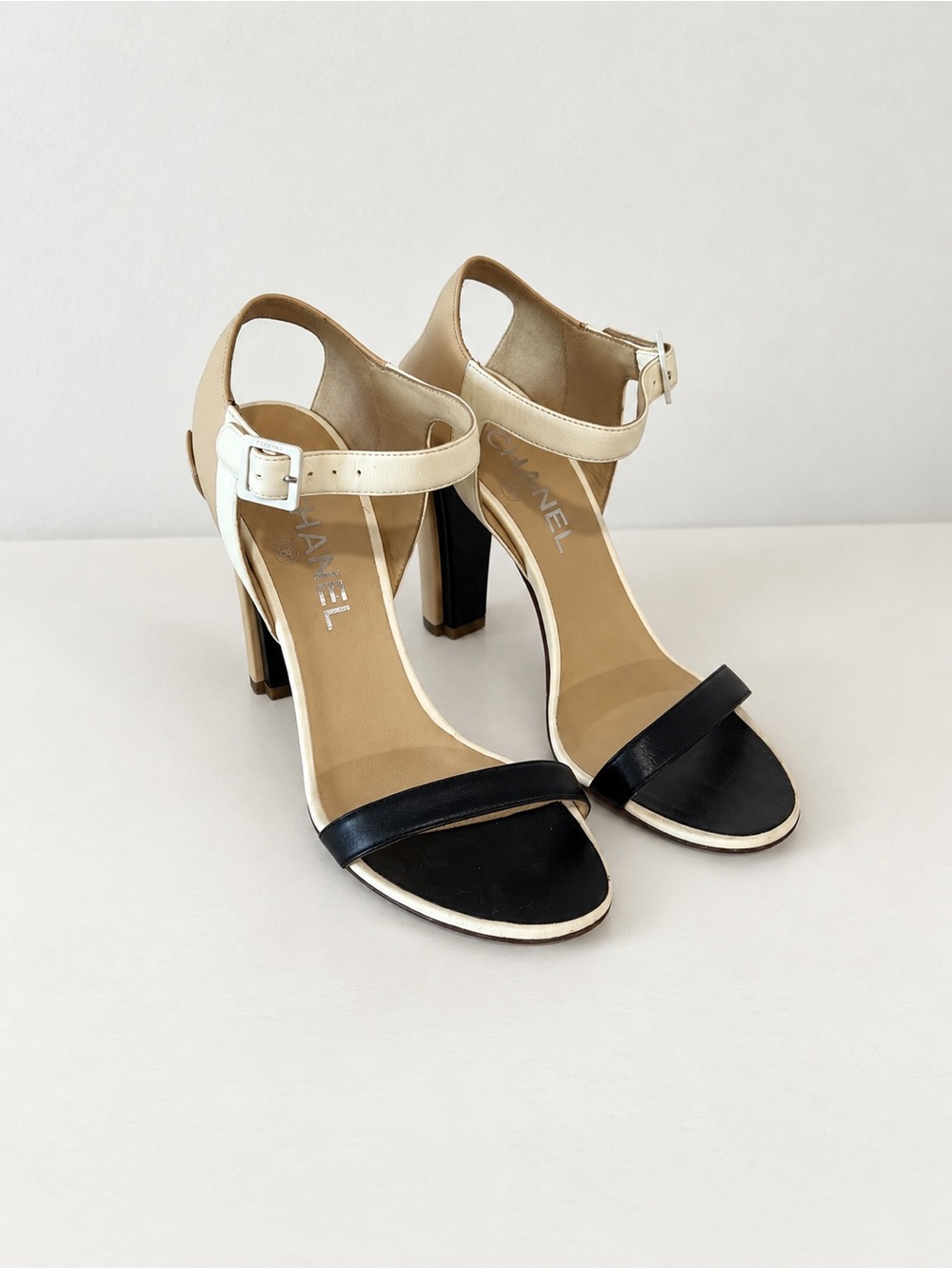 CHANEL Black and Cream Ankle-Strap Block Heel Sandals